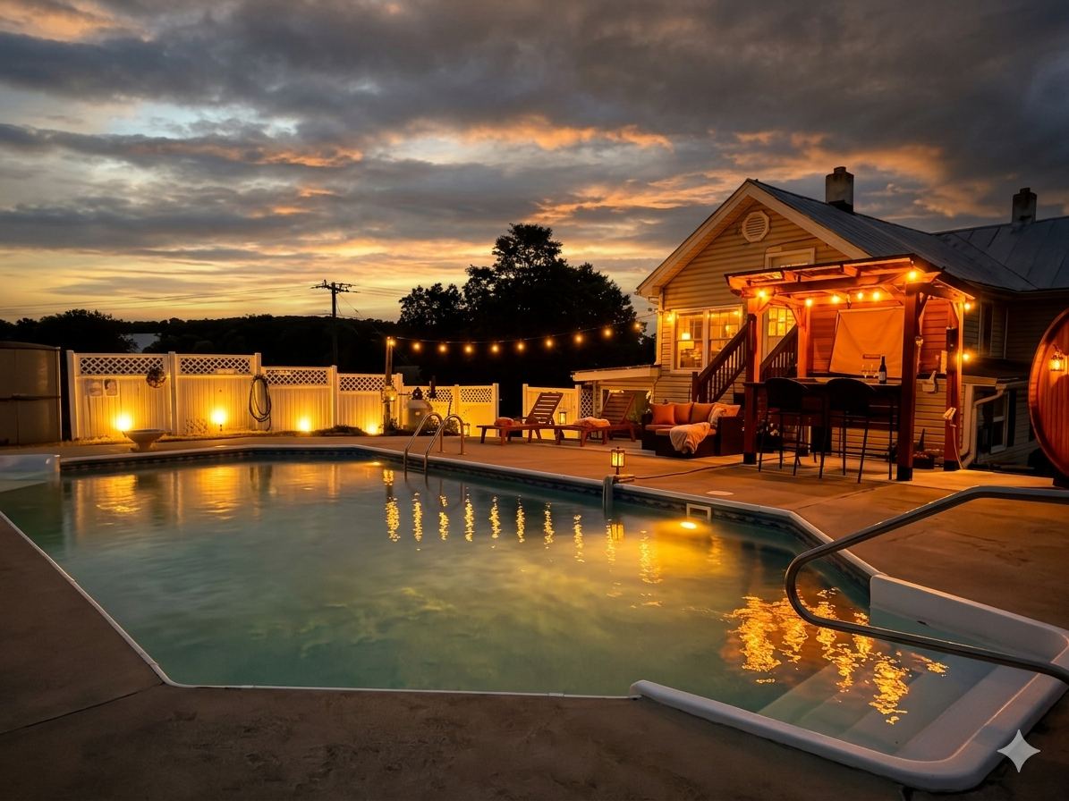 Pool and pavilion lit up at dusk